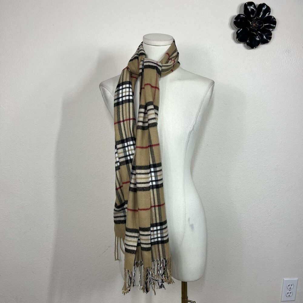 Plaid Cashmere Scarf Womens One Size Beige Fringe Rectangle Germany Cozy Winter - Picture 1 of 8